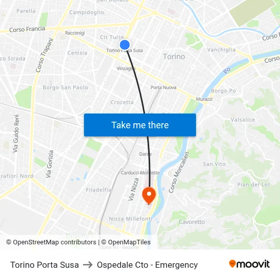 Turin Porta Susa to CTO Hospital - Emergency map