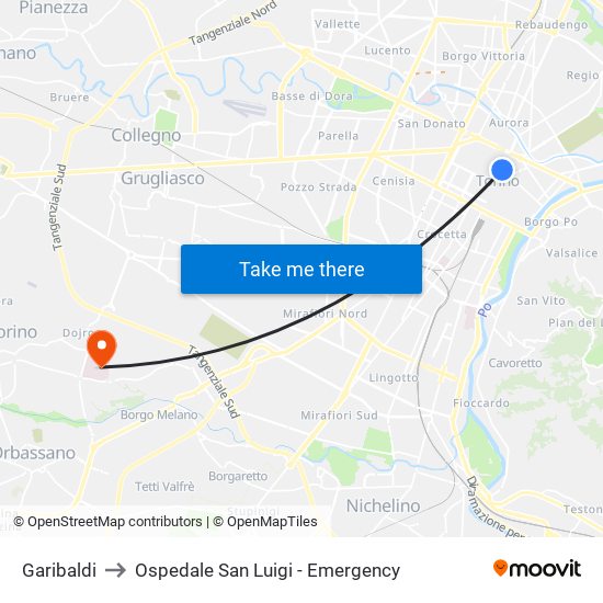 Garibaldi to Ospedale San Luigi - Emergency map