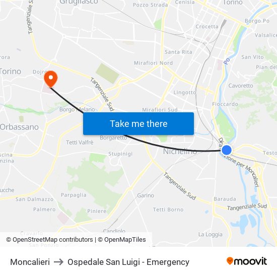 Moncalieri to Ospedale San Luigi - Emergency map