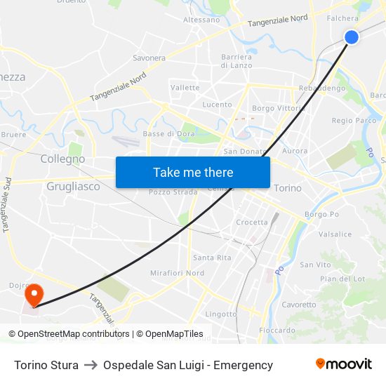 Torino Stura to Ospedale San Luigi - Emergency map