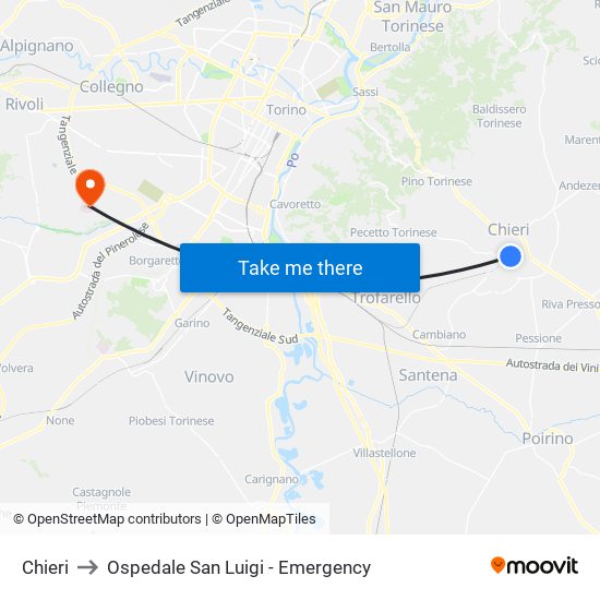 Chieri to Ospedale San Luigi - Emergency map