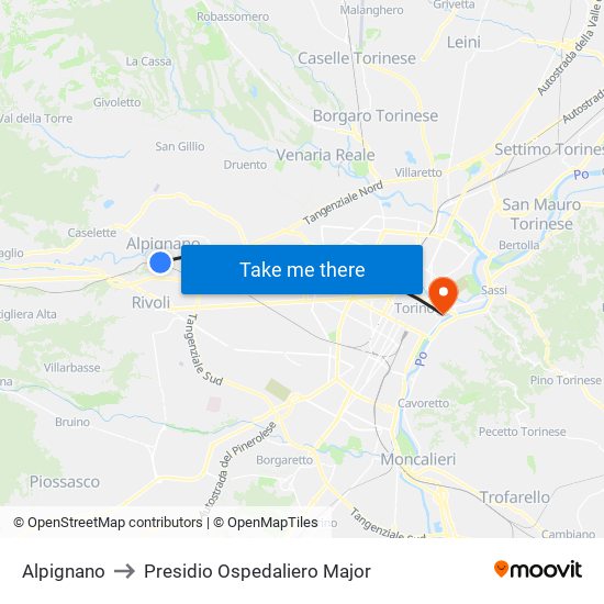 Alpignano to Presidio Ospedaliero Major map