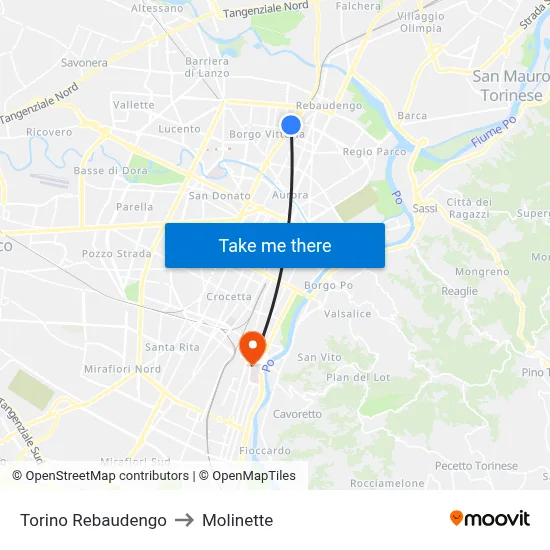 Turin Rebaudengo to Molinette map