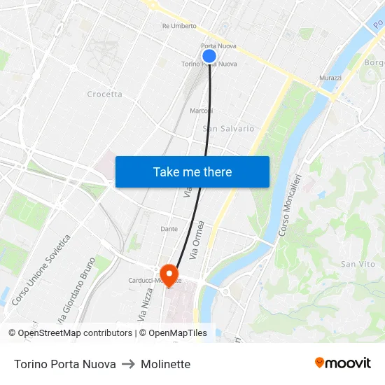 Turin Porta Nuova to Molinette map