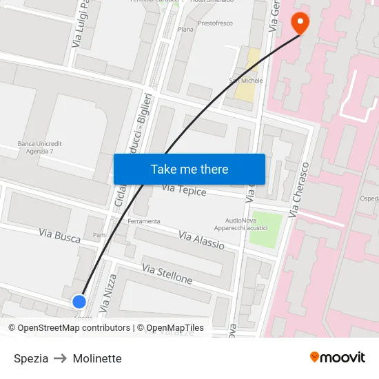 Spezia to Molinette map