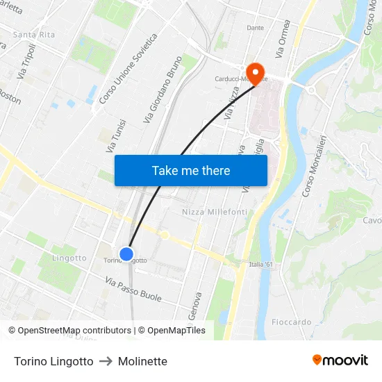 Turin Lingotto to Molinette map