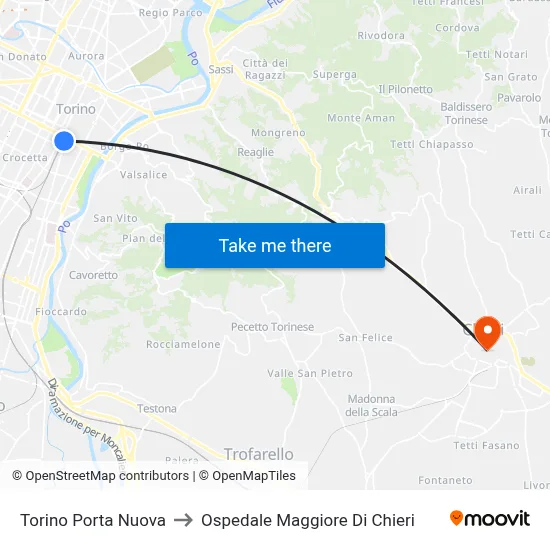 Turin Porta Nuova to Chieri Major Hospital map