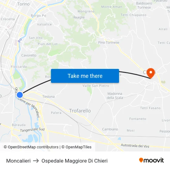 Moncalieri to Chieri Major Hospital map