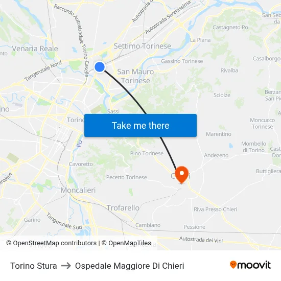 Turin Stura to Chieri Major Hospital map