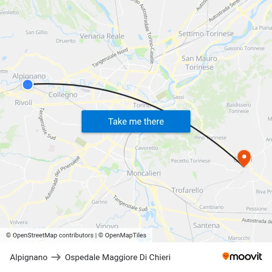 Alpignano to Chieri Major Hospital map