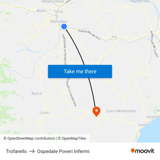Trofarello to Poveri Infermi Hospital map