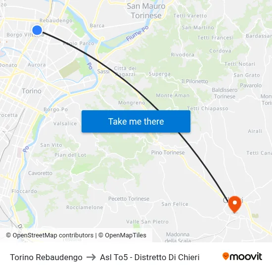 Turin Rebaudengo to ASL TO5 - Chieri District map