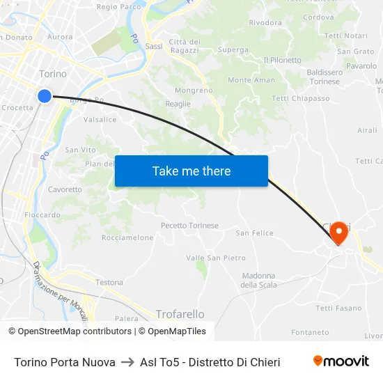 Turin Porta Nuova to ASL TO5 - Chieri District map