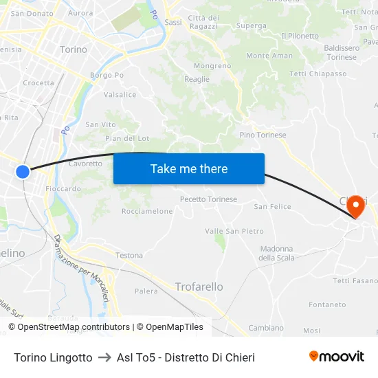 Turin Lingotto to ASL TO5 - Chieri District map