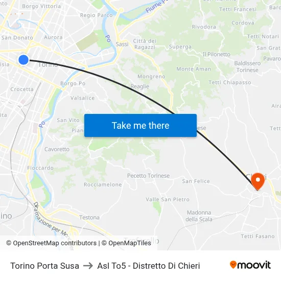 Turin Porta Susa to ASL TO5 - Chieri District map