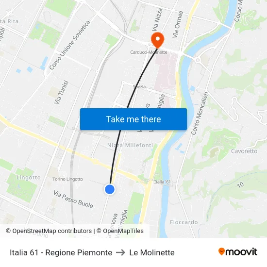 Italia 61 - Regione Piemonte to Le Molinette map