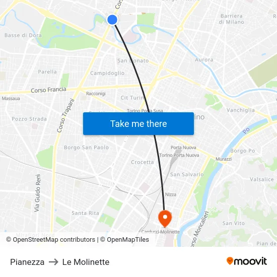 Pianezza to Le Molinette map