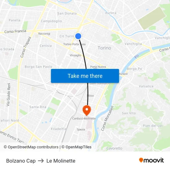 Bolzano Cap to Le Molinette map
