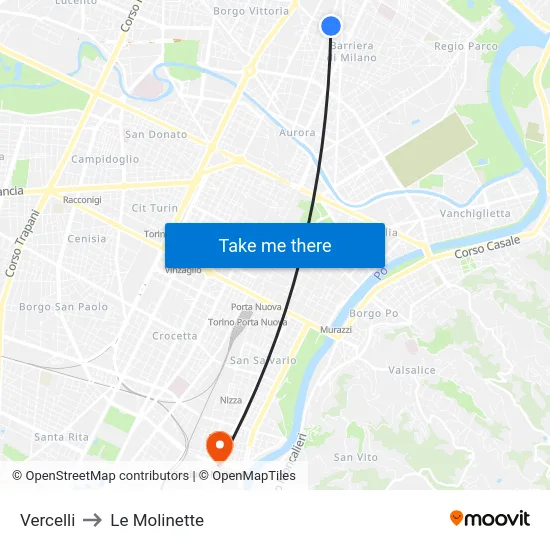 Vercelli to Le Molinette map