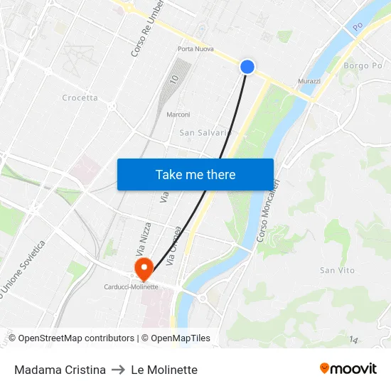 Madama Cristina to Le Molinette map