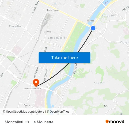 Moncalieri to Le Molinette map