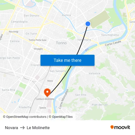 Novara to Le Molinette map