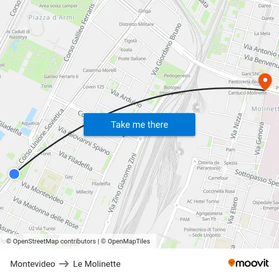Montevideo to Le Molinette map