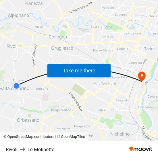 Rivoli to Le Molinette map