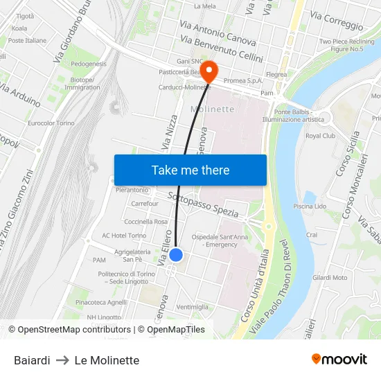 Baiardi to Le Molinette map