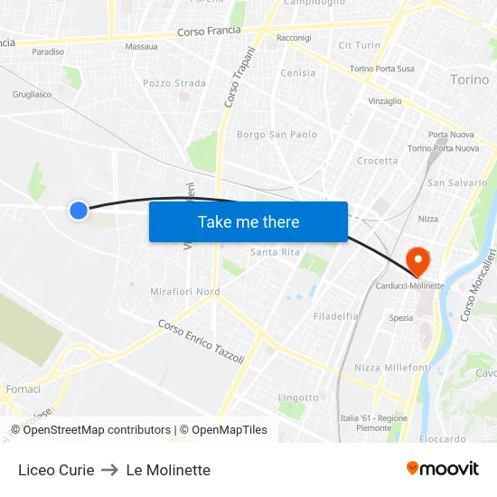 Liceo Curie to Le Molinette map