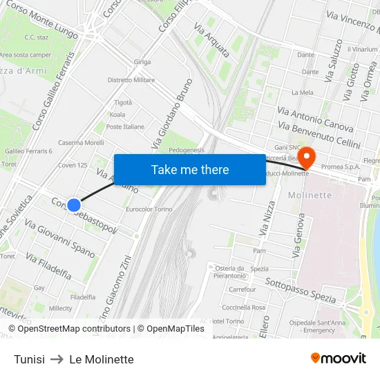 Tunisi to Le Molinette map