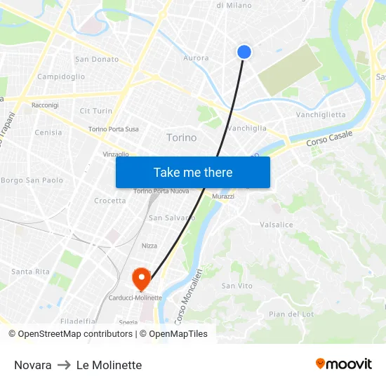 Novara to Le Molinette map