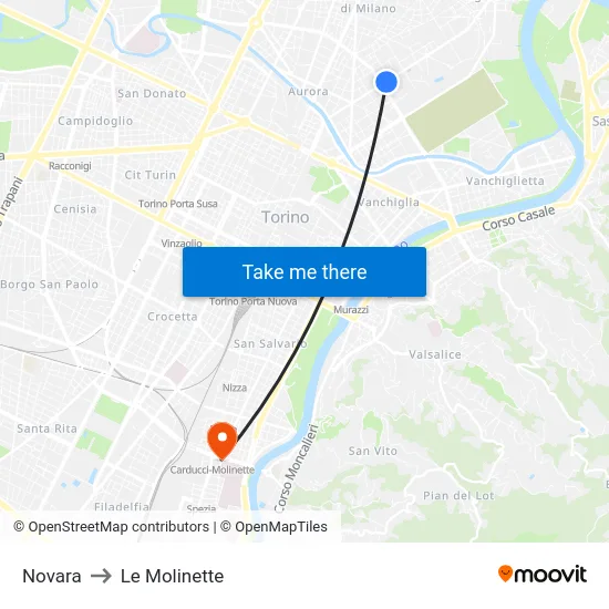 Novara to Le Molinette map