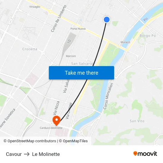 Cavour to Le Molinette map