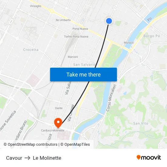 Cavour to Le Molinette map