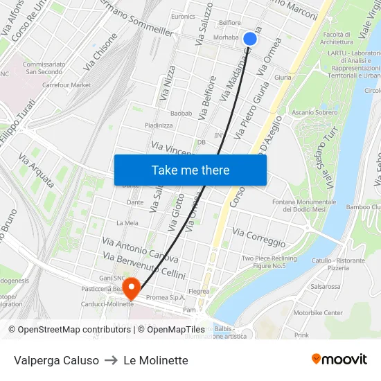 Valperga Caluso to Le Molinette map