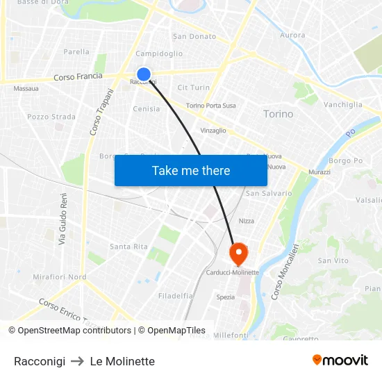 Racconigi to Le Molinette map