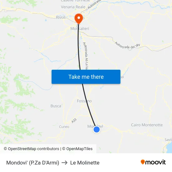 Mondovi' (P.Za D'Armi) to Le Molinette map