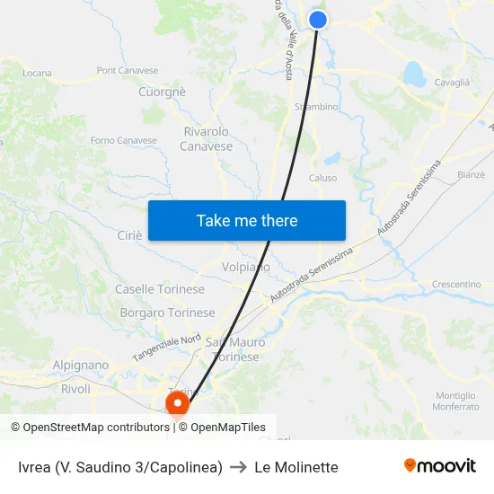 Ivrea (V. Saudino 3/Terminal) to Le Molinette map