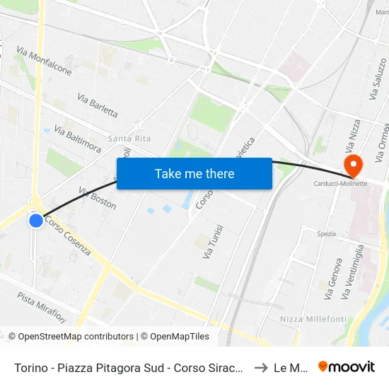 Turin - Pitagora Square South - Siracusa Avenue - Don Bartolomeo Grazioli St to Le Molinette map