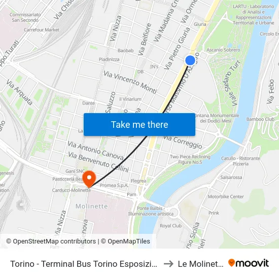 Torino - Terminal Bus Torino Esposizioni to Le Molinette map