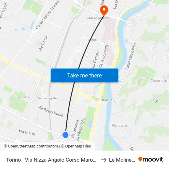Turin - Nizza Street Corner Maroncelli Avenue to Le Molinette map