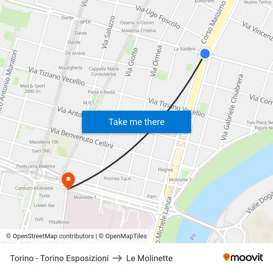 Torino - Torino Esposizioni to Le Molinette map