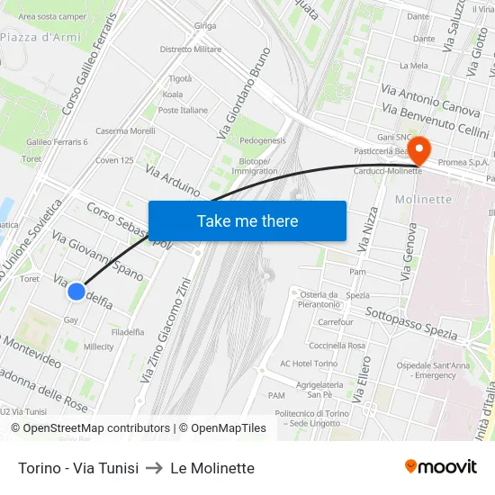 Torino - Via Tunisi to Le Molinette map