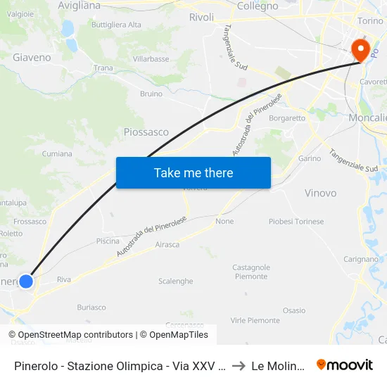 Pinerolo - Stazione Olimpica - Via XXV Aprile to Le Molinette map