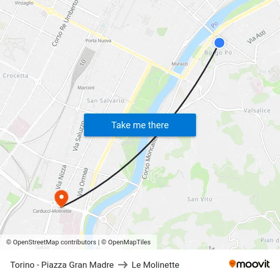 Torino - Piazza Gran Madre to Le Molinette map