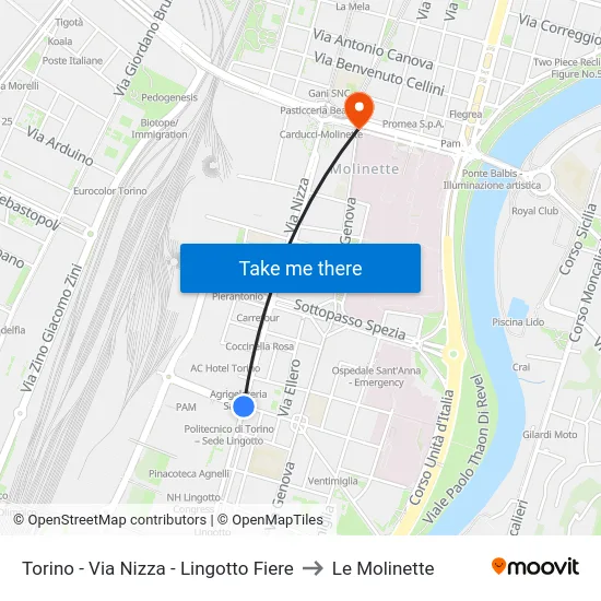 Turin - Nizza Street - Lingotto Fair to Le Molinette map