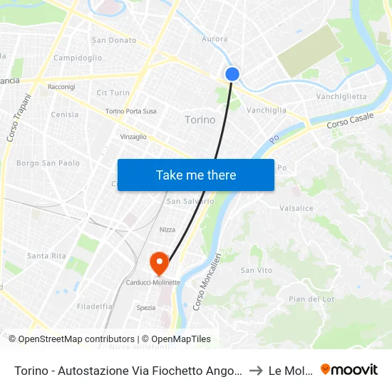 Turin - Bus Station Via Fiochetto Corner Corso XI Febbraio to Le Molinette map