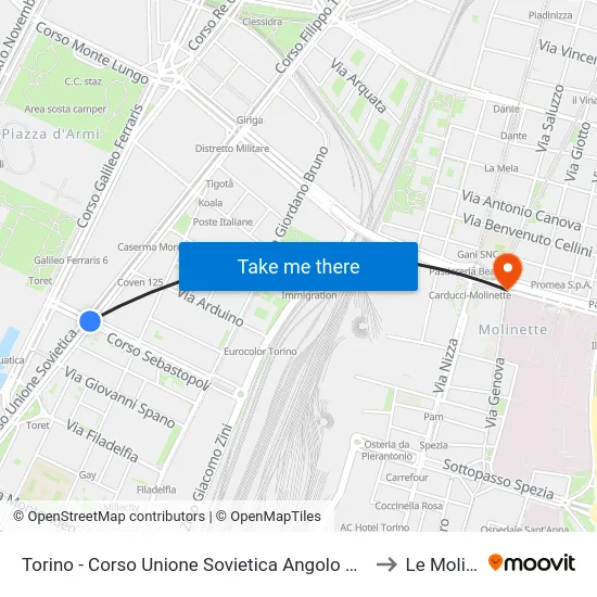 Turin - Soviet Union Avenue Corner Sebastopoli Avenue to Le Molinette map