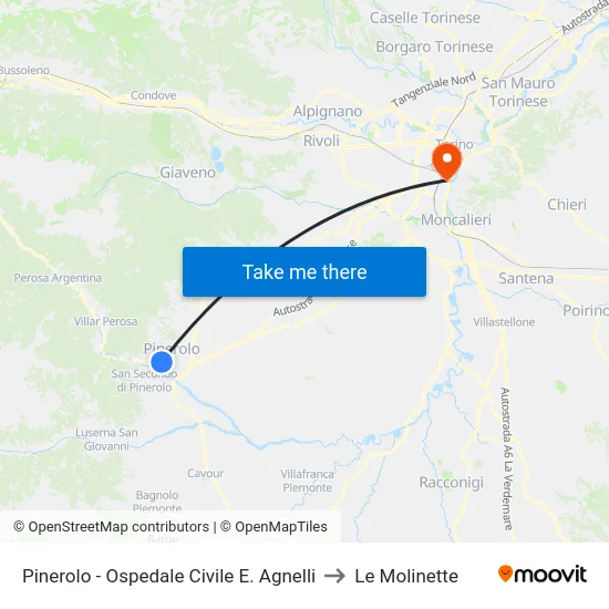 Pinerolo - Ospedale Civile E. Agnelli to Le Molinette map